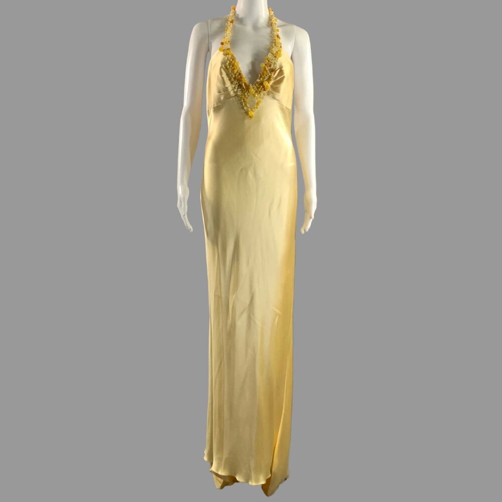 MONIQUE LHUILLIER Size 12 Yellow Silk Beaded Open back Gown Evening Dress